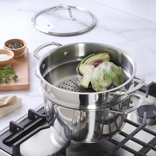 Image of Sur La Table Kitchen Essentials Chef's Deck 3-Piece 5.3-Quart Stainless Steel Dutch Oven with Steamer Insert & Glass Lid - Induction Ready, Tri-Ply Base, Polished Finish & Hollow Stay-Cool Handles