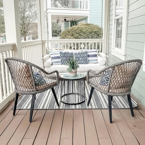 Image of LOCCUS 3-Piece Outdoor Patio Bistro Set - All-Weather Wicker Rattan Chairs with Soft Cushions & Glass Side Table for Backyard, Balcony & Deck (Grey & Beige)