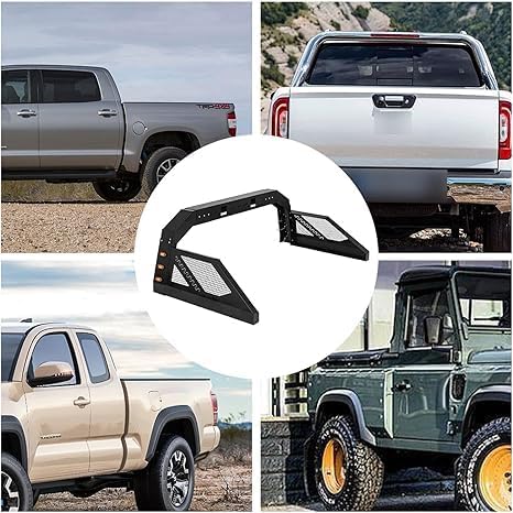 Truck Roll Bar Chase Rack Universal Compatible with Pickup, 6 Amber Auxiliary Side Marker Lamps, Adjustable Sport Roll Bar No Drilling Fine Textured Black