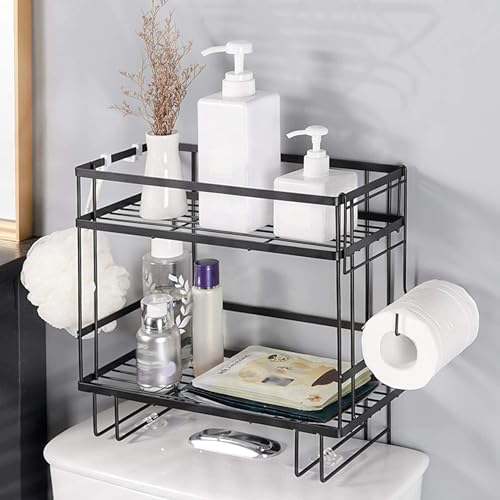 CM BAÑOS - Estantería Doble para Inodoro, Organizador Baño, Portarrollos Incluido, Gran Capacidad - Estantería de Acero Lacado sobre el Inodoro, Sin Necesidad de Agujeros, Negro Mate, 34x15 cm