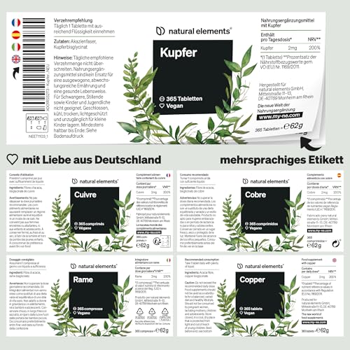 natural elements Kupfer – 365 vegane Tabletten – 2mg Kupfer pro Tagesdosis – geschmacksneutral, hochdosiert, ohne unnötige Zusätze – in Deutschland produziert & laborgeprüft 5