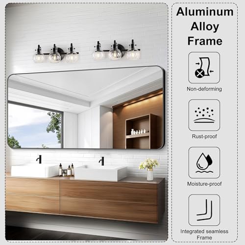 Image of KOCUUY 60 inchx30 inch Large Rectangle Vanity Mirror, Black Metal Frame Mirror with Rounded Corner, Modern Design of Upgraded Shatterproof Glass for Bathroom, Bedroom, Living Room, Entryway