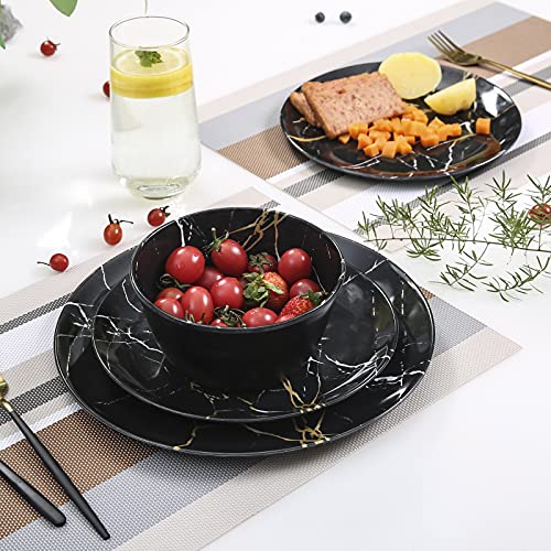 Melamine Dinnerware Set - 12Pcs Plates And Bowls Sets Best For Indoor And Outdoor Party, Bpa-Free Dishwasher Safe Kitchen Dinner Set With Black Marble Pattern #TOP5