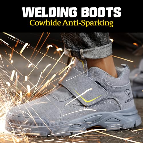 Image of GLANOUDUN Steel Toe Boots for Men, Welding Work Boots with Puncture-Resistant Midsole, High Top Hook and Loop Safety Footwear for Welding Workshop Construction Warehouse Factory