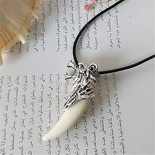 Mens Wolf Animal Pendant Necklace Retro Wolf Dog Head Tooth Fang Spear Leather Necklace For Teen Boy Adult Ceremony Gift Jewelry (01 Silver White 01) #TOP3