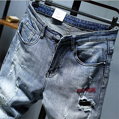 Jean denim ajusté bleu clair pour homme silhouette mince avec patchwork durable