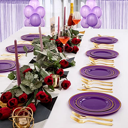 Wellife 200Pcs Purple Gold Plastic Plates With Gold Plastic Silverware,Purple Plastic Dinnerware Includes 40 Dinner Plates,40 Dessert Plates,40 Gold Plastic Cutlery For Party And Weddingsn #TOP5