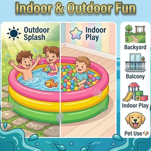 Image of Coku 3 Feet Round Inflatable Baby Swimming Pool for 0-3 Years | 3-Ring Kids Pool, Thick PVC Soft Baby Bathtub for Indoor Outdoor Use, Backyard, Balcony Water Play (Pump Not Included)