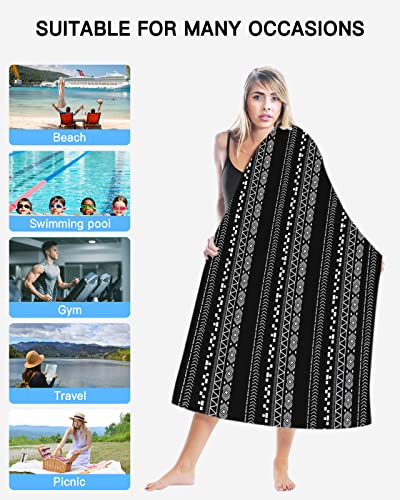Lines Stripe Diamond Triangle On Black Beach Towel-Sand Free Absorbent Blanket Oversized Large Pool Towels Geometry Ethnic Tribal Pattern,Quick Dry Soft Bath Towel For Travel Swim Camping,31X63In #TOP1