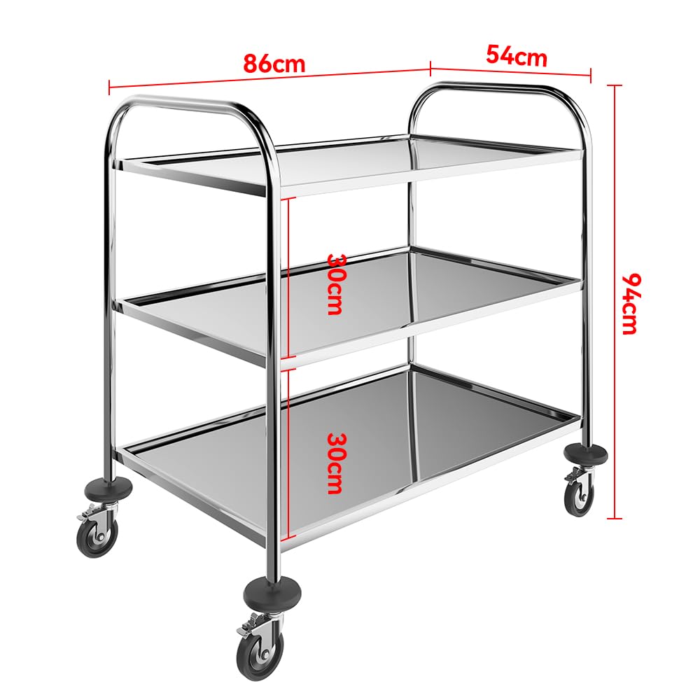 BLV Carrello da servizio in acciaio inox con ruote, carrello da cucina in acciaio inox, per hotel, ospedali, scuole (3 ripiani)