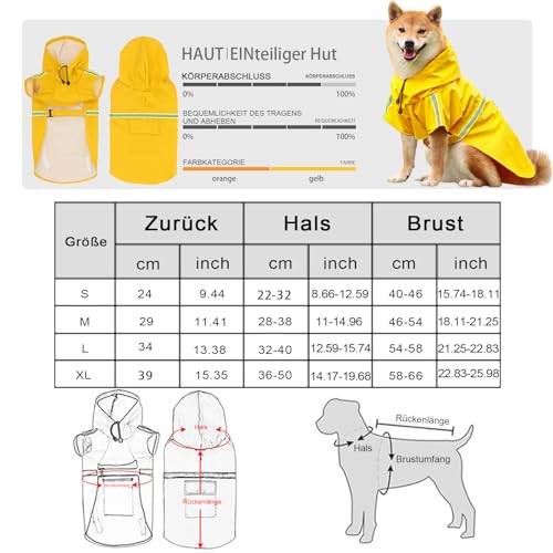 Hunderegenmantel Verstellbarer Leichter Hundemackintosh Hunderegenmantel Wasserdicht Mit Kapuze und Reflektierenden Streifen für kleine Mittlere und Große Hunde für Spaziergänge im Freien (Gelb, S)
