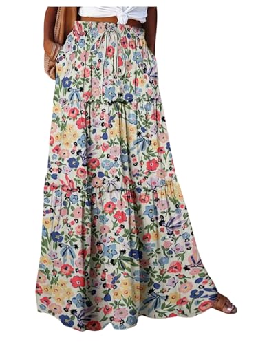 Milumia Women's Boho Floral Tiered Maxi Skirt Elastic High Waist Long Flowy Skirts with Pockets Multicolor Medium