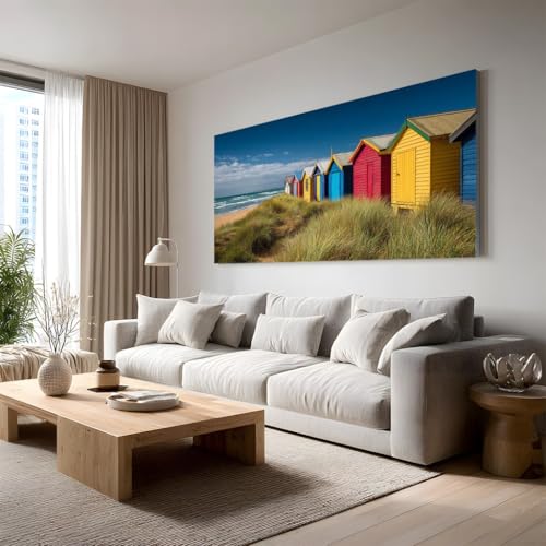 Tableau cabine de plage style côtier grand format 50x100 cm multicolore sans cadre pour salon