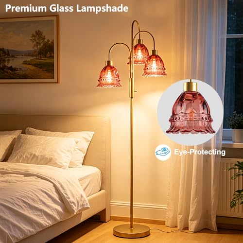 Image of 3-Light Modern Glass Floor Lamp with Deep Red Glass Shades, 70 inch Dimmable Tall Standing Lamp with 3000K Warm White Bulbs for Wedding /Party, Gold Tree Pole Lamp for Living Room Bedroom Home Office