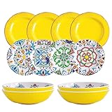 MissYIP Melamine Dinnerware Set 12 Pcs Floral Pattern Tableware Plates Bowls Party Plates Dish Set D
