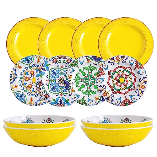 Missyip Melamine Dinnerware Set 12 Pcs Floral Pattern Tableware Plates Bowls Party Plates Dish Set Dinnerware Dishwasher Safe Lightweight Unbreakable Service For 4 #TOP24