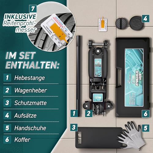 TRESKO® Wagenheber hydraulisch 2,5T flach mit 85-385mm Hubhöhe inkl. Koffer – Ansicht 6