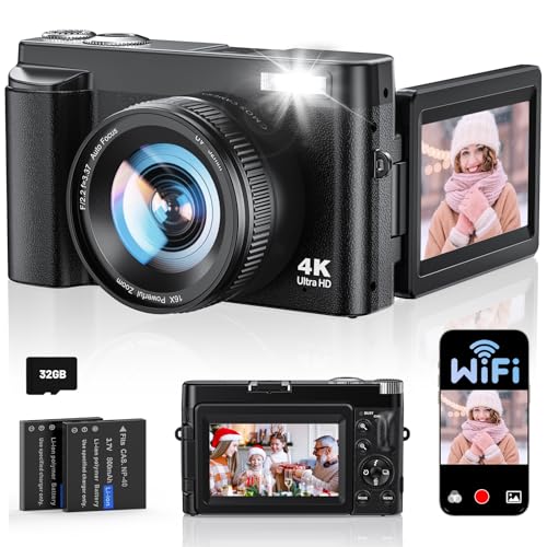4K Digital Camera for Photography, WiFi Autofocus 64MP Vlogging Camera for YouTube, 180° 3' Flip Screen 30FPS Video Cameras with Flash Anti-Shake 16X Zoom 32GB Card, Compact Travel Digital Camera