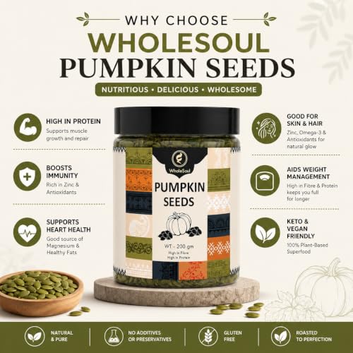 Image of WholeSoul Pumpkin Seeds 200g - High-Protein Superfood | Rich in Zinc, Magnesium & Omega-3 | Roasted & Crunchy | Supports Immunity, Heart Health & Weight Management | Keto & Vegan Friendly