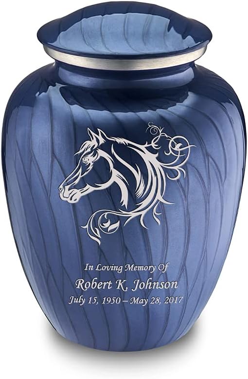 Geturns Embrace Small Personalized Horse Cremation Urns for Human Ashes I Pearl Cobalt Blue Funeral Urn for Men and Women I 44 lbs