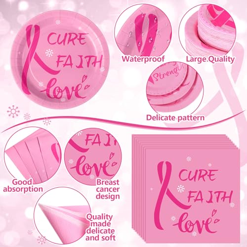 Image of Funnymoom 452 Pcs Breast Cancer Party Decorations Pink Ribbon Cure Faith Love Paper Plates Napkins Cups Tablecloth Cutlery Straws for Breast Cancer Awareness Month Women Charity Activities Supplies