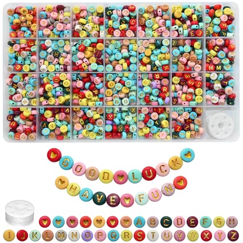 Image of Amaney 1400pcs Letter Beads 4x7mm Gold on Colors Round Acrylic Alphabet A-Z Heart Beads and Crystal Line for Jewelry Making Bracelets Necklaces Key Chains