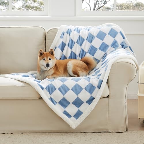 Checkered Dog Blanket, Blue Jacquard Sherpa Blanket for Small Dog...