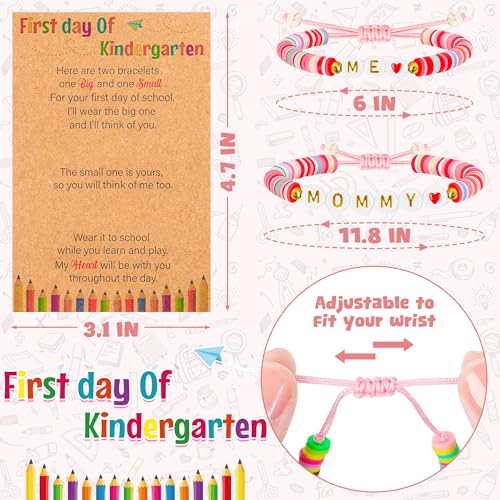 EOBOH 2PCS First Day of Kindergarten Bracelets, Colorful Adjustable Heart Kindergarten Bracelet Mommy and Me, Plastic Mom Daughter Bracelets Matching Wish String Bracelets — view 2