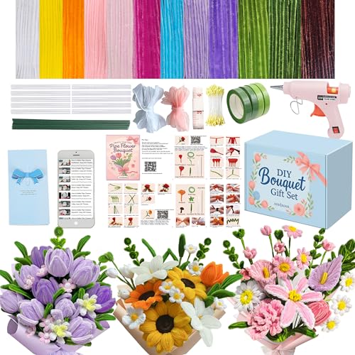 1200Pcs Pipe Cleaner Flower Kit with Hot Glue Gun & Easy Video Tutorials - All-in-One 8mm Fluffier DIY PipeCleaner Bouquet Set with Storage Gift Box for Beginners Teacher Appreciation & Summer Crafts