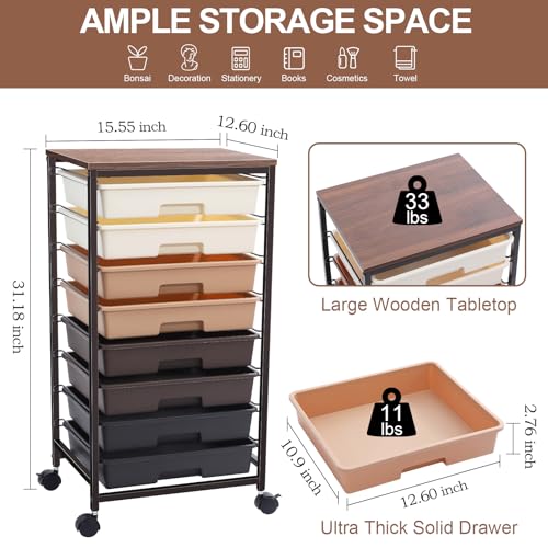 Image of SYKIARIOL Rolling Utility Storage Cart with 8 Drawers and Wooden Tabletop,Dark Brown