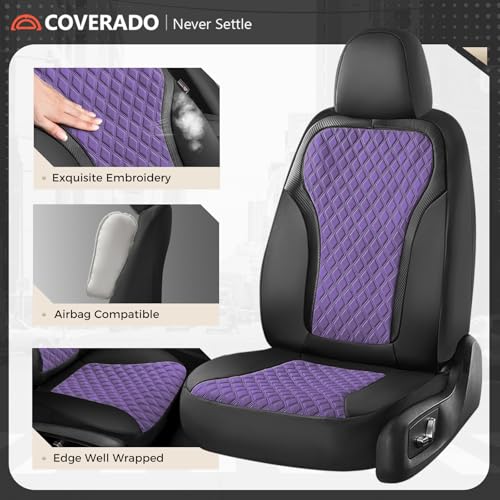 Image of Coverado Front Seat Covers, Luxury Diamond Leather Car Seat Cover with Carbon Fiber Weave, Waterproof Car Seat Cover Driver Seat Cover Spill-Proof Design Universal Fit for Most Cars, BlackPurple