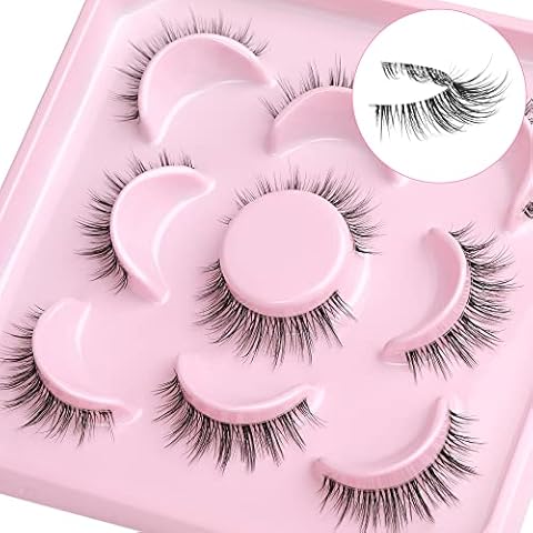 Natural Lashes with Clear Band Wispy False Eyelashes Fluffy Light Short 3D Volume Fake Eye Lashes Thin Pestañas Lashes Natural Look 5 Pairs Pack By GVEFETIEE Cover