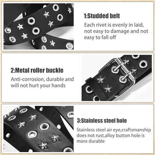 3 Pcs Black White Star Belt Studded Punk Rock Belt with Grommet Threads Bright Metal Pyramid Gothic Belts for Women Men4