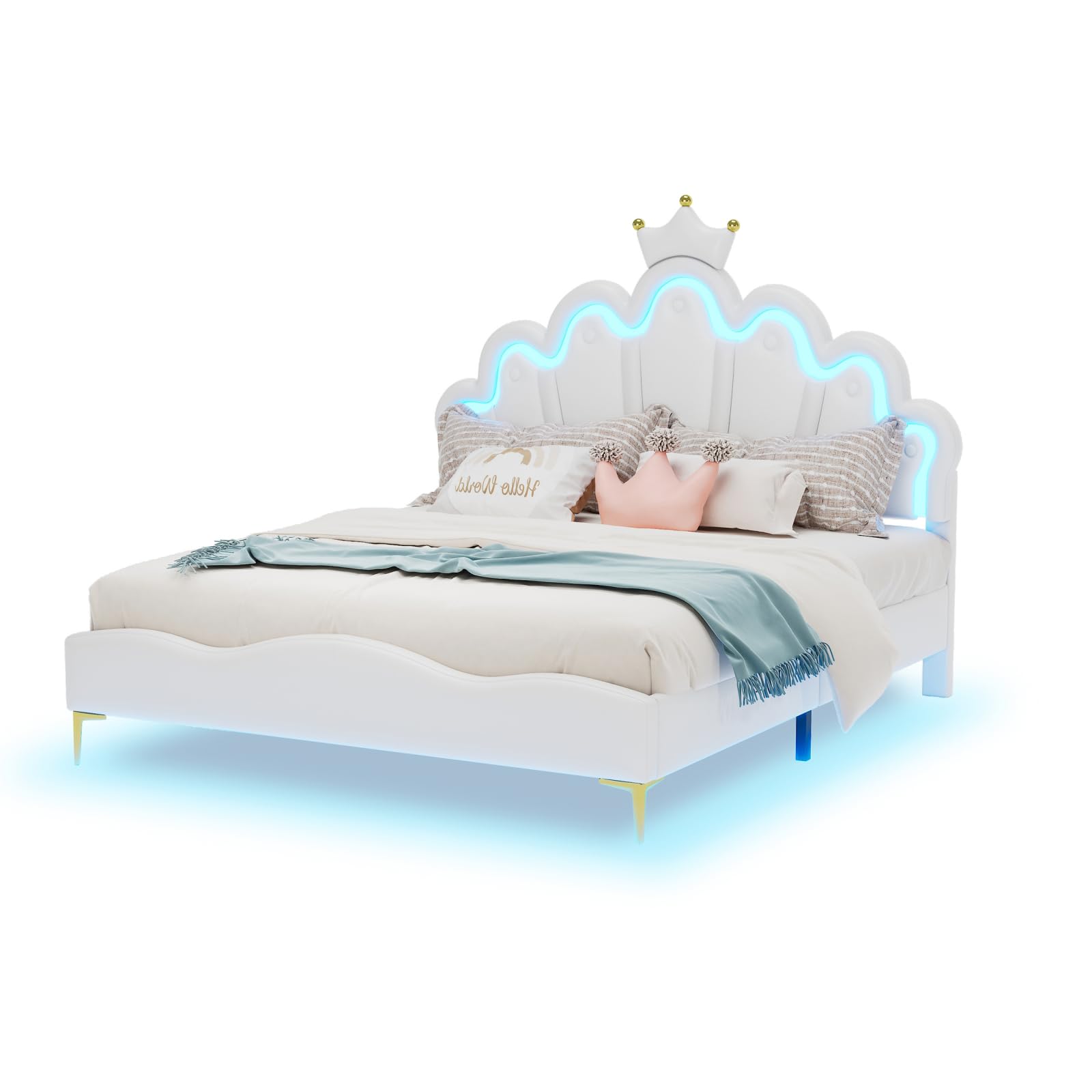 PerGar Lit de princesse pour fille - Avec barre lumineuse LED - Coussin en cuir synthétique souple - Lit de princesse avec hauteur de tête de lit réglable (blanc, 140 x 200 cm)
