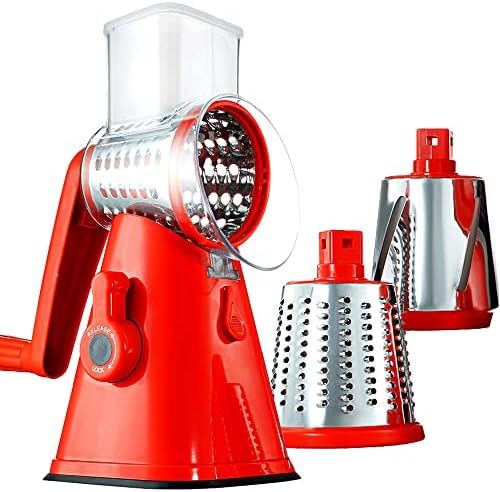 NUTRISLICER Rotary Cheese Grater with Handle, Fast Cutting Grater for Kitchen with 3 Interchangeable Blades, Vegetable Slicer, Parmesan Cheese Grater, Cheese Shredder, Suction Cup Base As Seen on TV