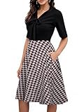 oxiuly Women's Vintage Bow Tie V-Neck Pockets Casual Work Party Cocktail Swing A-line Dresses OX278