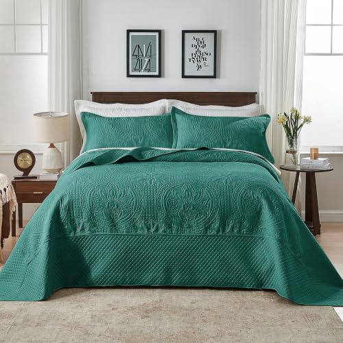 Image of Qucover Queen Bedspread Medallion Pattern Quilt Bedding Set 3 Piece Teal