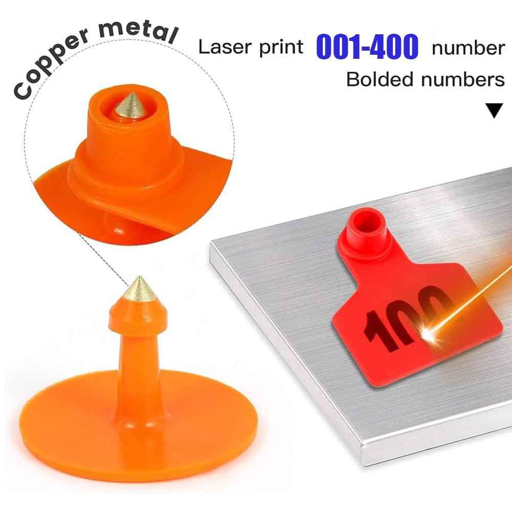 400 pezzi di marche auricolari per bestiame in PE per capre, bovini, ovini, suini, cani, cervi, allevamenti con numero 001-100/101-200/201-300/301-400 (blu, giallo, rosso, verde, arancione, rosa)