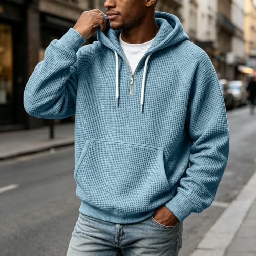 Waffle Knit Hoodie Men Oversized Hooded Sweatshirt 3/4 Zip Pullover - image 5