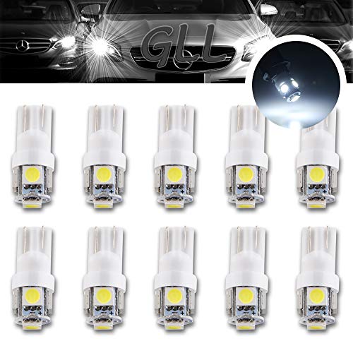 Grandview - 10 bombillas LED blancas T10 5050 12 V W5 W 2825 T10 para coche 5 SMD 194 192 168, luces de lectura de coche para puerta de coche
