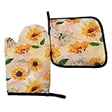 Sunflower Hot Pads and Oven Mitts Sets for Kitchen, 3D Customization,Flexible Oven Gloves with Hangi