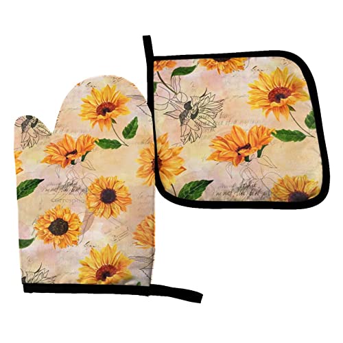 Sunflower Hot Pads And Oven Mitts Sets For Kitchen, 3D Customization,Flexible Oven Gloves With Hanging Loop Heat Resistant Up To Protect Hands,Handling Hot Cookware,Easy To Clean #TOP5