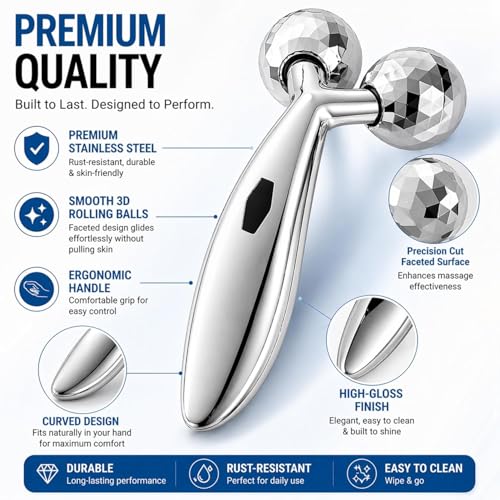 Image of 3D Face Massager Roller for Women & Men, Manual Facial Massager with Dual 360 Rolling Balls, V Shape Stainless Steel Face and Body Massage Tool for Jawline, Neck, Arms and Skin Care
