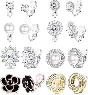 JeweBella 8 Pairs Clip On Earrings for Women Fashion Rose Flower CZ Twist Knot Freshwater Pearl Earrings with Rubber Pads Hypoallergenic Non Pierced Clip Earrings Wedding Earrings Set