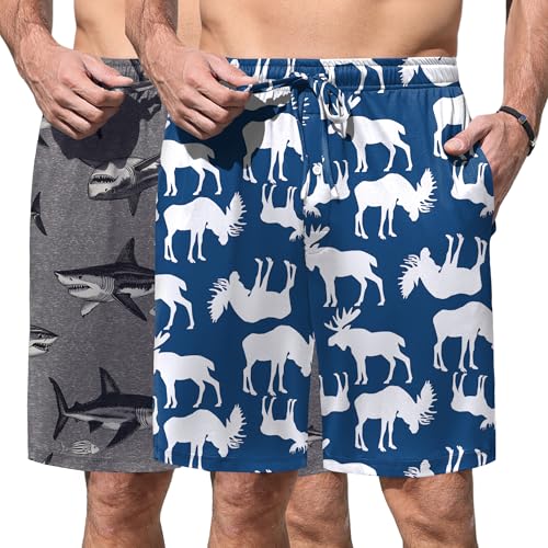 Image of Ekouaer Men's Pajama Shorts Soft Sleepwear Bottoms Elastic Waistband Loungewear Breathable Men Shorts with Pockets