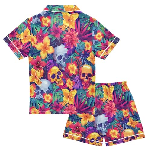 ALAZA Flower Blossom Sugar Skull Pajamas Satin Pajama Set Short Sleeve Button Down Sleepwear2