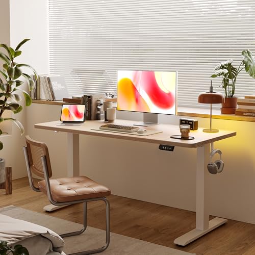 TIQLAB Electric Standing Desk, Adjustable Height Stand up Desk, 63 * 24 Inches Sit Stand Home Office Table with Splice Board, Light Walnut
