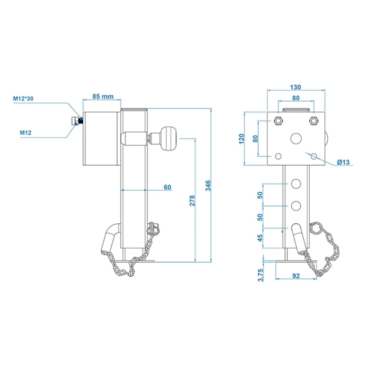 Preiswert&Gut 2X Anhängerstützen & Kurbelstütze Wohnmobil – Stütze 1300 kg, Stahlrohr 60x60 mm, kippbar – höhenverstellbar 345–445 mm Ausdrehstütze und Wohnwagenstützen Anhänger