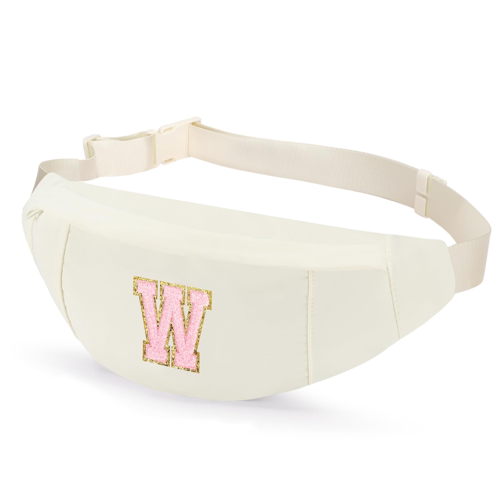 MAXTOP Birthday Gifts for Women Men,Personalized Initial Letter Patch Fanny Pack Crossbody Bag with 3-Zipper Christmas Gift Trendy Stuff for Daughter Sister Her,Beige W