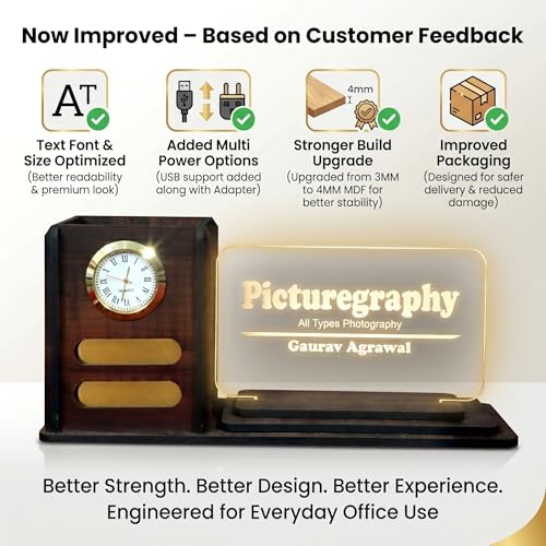 Image of Wood Desk Organizer with LED Name Lamp|Customized Gift for Men,Women,Teachers,Doctors,Dad,Husband|Pen Holder,Table Lamp|Personalized Birthday Gift|Office Organizer - With Watch,Brown